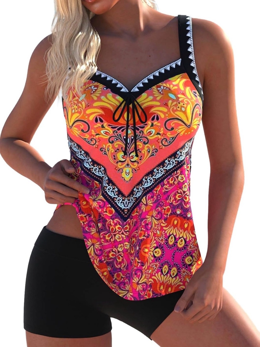 Vibrant Floral Bandana Print Women’s Tank Top - Orange & Pink